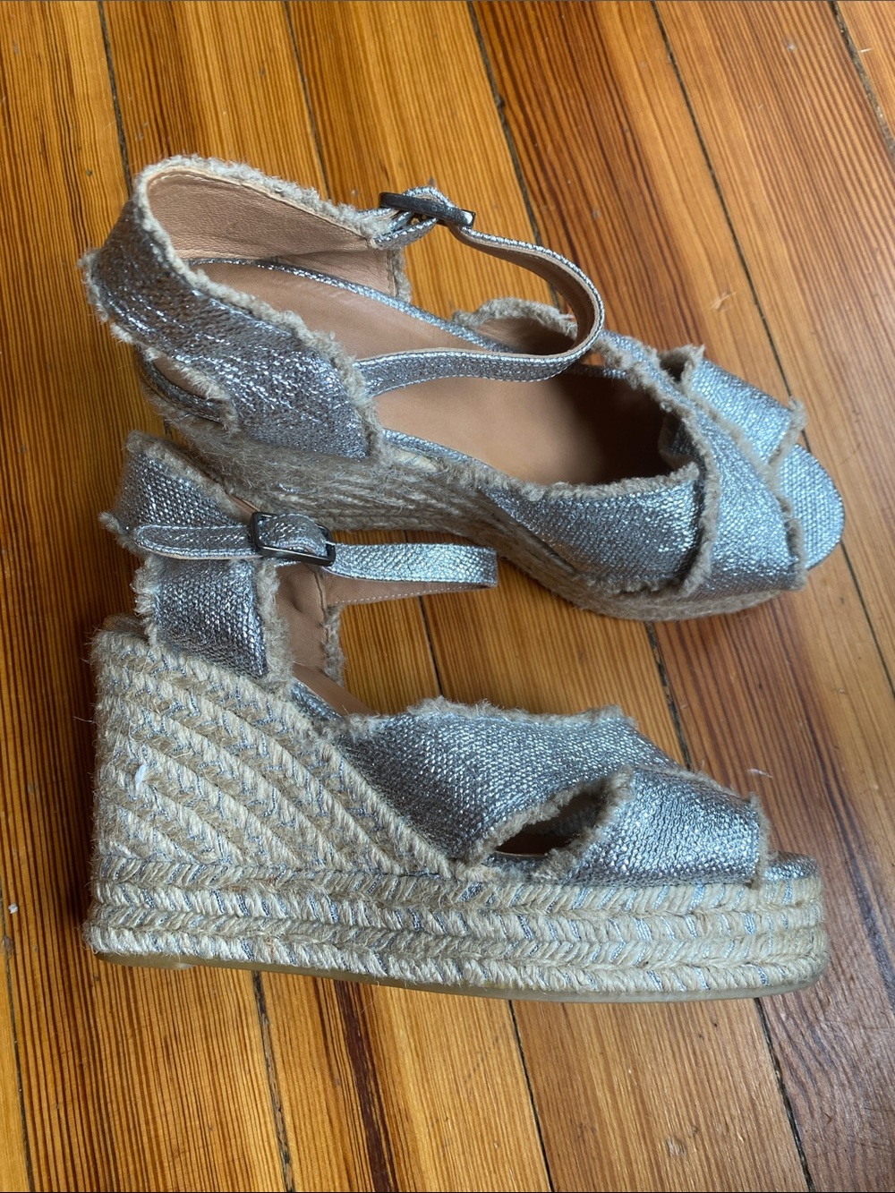 Castaner Silver Metallic Wedge Espadrille Sandals with Ankle Strap